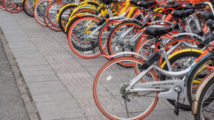 Shanghai: Rows of bikes are placed in the white lines painted on the road in Shanghai. The disorder of parking becomes a social problem according the increase of share bikes.