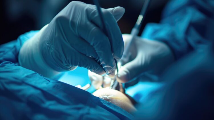 A person is performing surgery on a patient. This image can be used to showcase the medical profession and the process of surgery.
